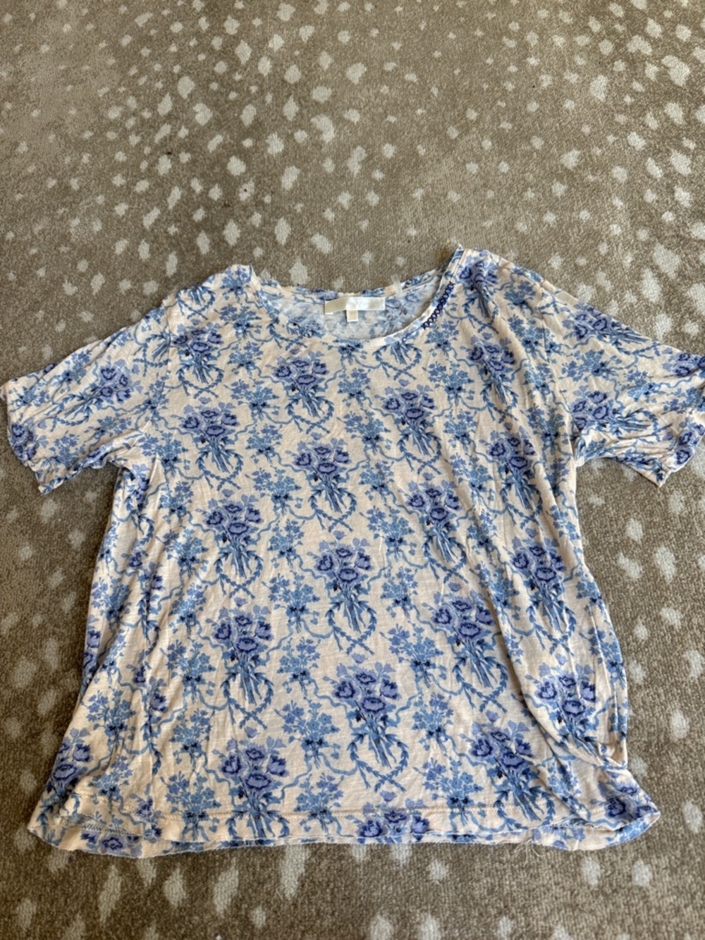 LoveShackFancy Blue Floral Scoop Neck Short Sleeve Tee